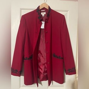 Snazzy, jazzy and classic Talbots red blazer with black sartouche trim